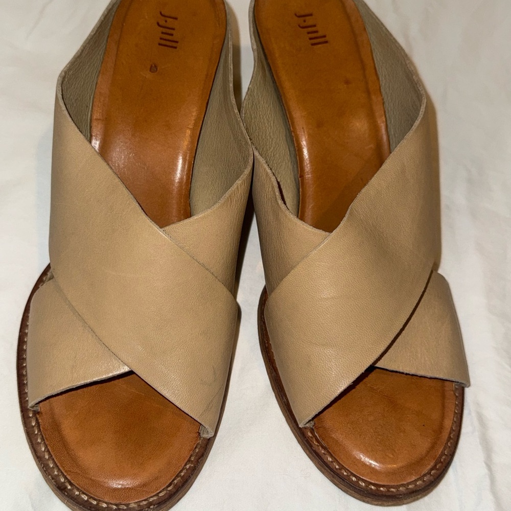 J. Jill Tan Leather Mules Wedge Heels Size 11